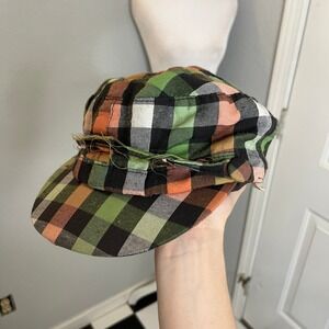 Plaid Cadet‎ Cap, Grunge Hat, Army Style Cap, Green Orange Black Patterned